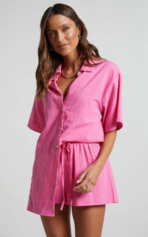 Showpo Vina Del Mar Two Piece Set - Linen Look Shirt And Shorts Set Hot Pink | JDXKRP415