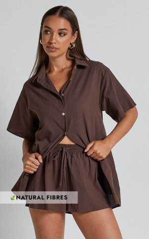 Showpo Vina Del Mar Two Piece Set - Linen Look Shirt And Shorts Set Chocolate | ISCMGB428