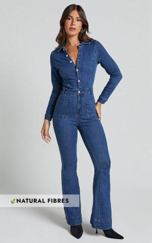 Showpo Vivi Jumpsuit - Button Front Wide Leg Denim Jumpsuit Indigo Wash | QSGOZH825