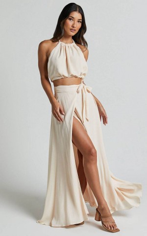 Showpo Wenalyn Two Piece Set - Halter Neck Crop Top And Thigh Split Midi Skirt Set Natural | VLRYME840