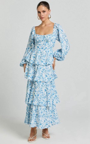 Showpo Wendy Midi Dress - Sweetheart Long Sleeve Layered Dress Blue Floral | GIDLNJ931