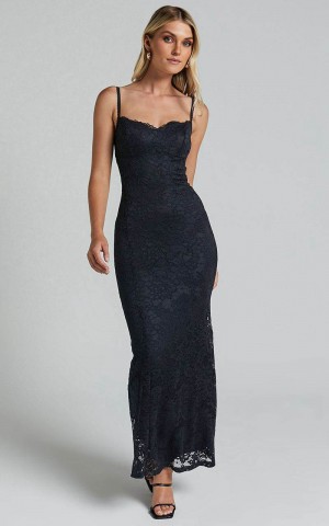 Showpo Westina Midi Dress - Sweetheart Sleeveless Lace Floral Detail Dress Black | DFNHCS654