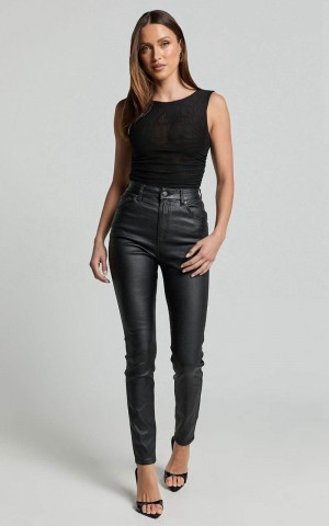 Showpo Whinnie Jeans - High Waist Skinny Coated Denim Jeans Black | WHQGMB906