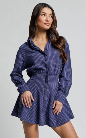 Showpo Whitney Mini Dress - Linen Look Long Sleeve Shirt Dress Navy | PQFJVD175