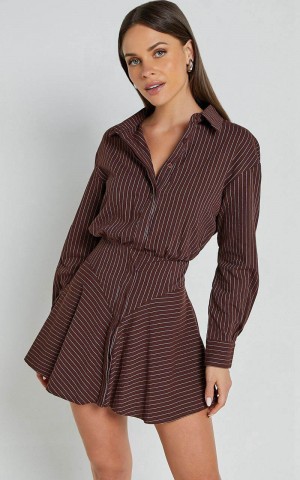 Showpo Whitney Mini Dress - Linen Look Long Sleeve Shirt Dress Chocolate Pinstripe | XFPLNG504