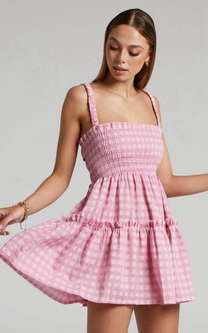 Showpo Wilda Mini Dress - Shirred Tiered Dress Pink Check | UOMNAK285