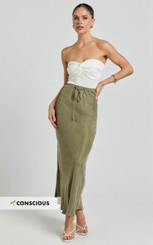 Showpo Wilhelmine Maxi Skirt - Cupro High Waisted Drawstring Slip Skirt Moss | IUMKHV461