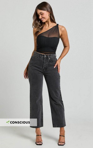 Showpo Wilkins Jeans - High Waisted Straight Leg Cropped Hem Jeans Washed Black | MOQTYC281