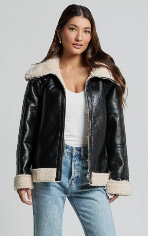 Showpo Willa Jacket - Faux Leather Shearling Aviator Jacket Black | SDGOFB528