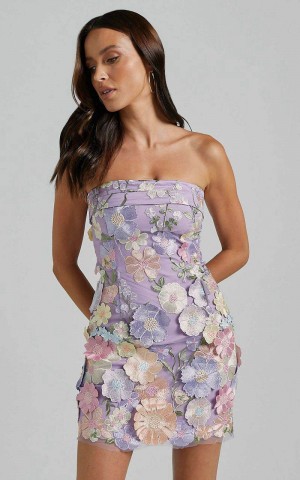 Showpo Wren Mini Dress - Strapless Bodycon Garden Flowers Dress Lilac | YOWETC217