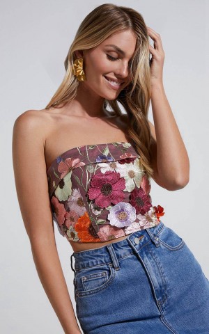 Showpo Wren Top - Strapless Garden Flowers Corset Top Burgundy | ZYPMHW327