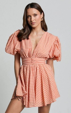 Showpo Xandy Mini Dress - Textured Puff Sleeve Plunge Dress Peach | TWHPIE580