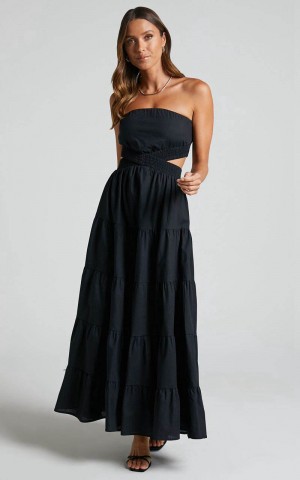 Showpo Xiomara Maxi Dress - Strapless Cut Out Tiered Dress Black | NCXQHY485