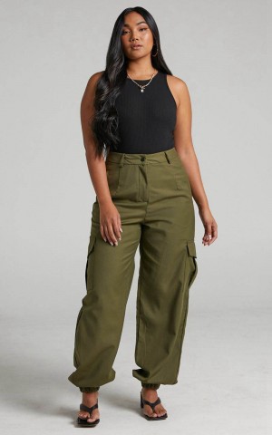 Showpo Xyriel - High Waisted Utility Style Cargo Pants Khaki | NDFHWB604