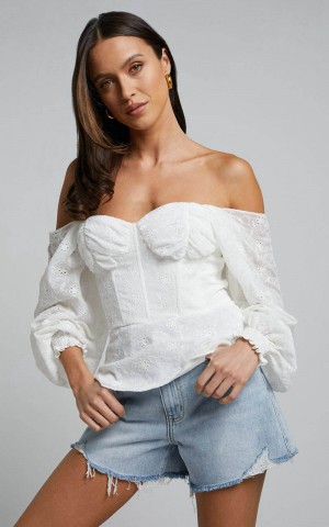 Showpo Ybur Top - Off Shoulder Long Sleeve Bustier Top Ivory | EXQSGH075