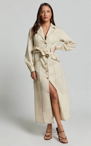 Showpo Yelena Midi Dress - Button Up Collared Belted Long Sleeve Dress Natural | HLIUJG289