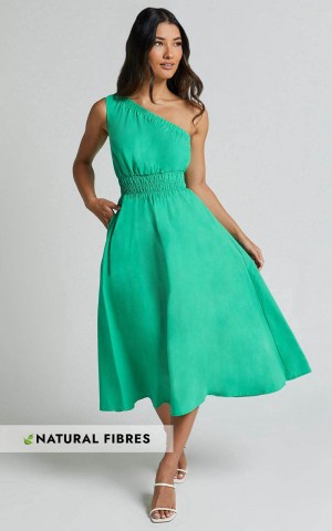 Showpo Yulia Midi Dress - One Shoulder Shirred Waist Dress Green | GUKFOX425