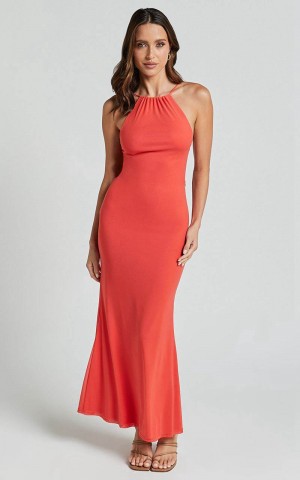 Showpo Yuri Midi Dress - High Neck Sleeveless Mermaid Dress Coral | FXEWJR085