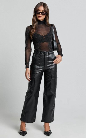 Showpo Yvette Pants - High Waist Faux Leather Cargo Pants Black | SRODWL019