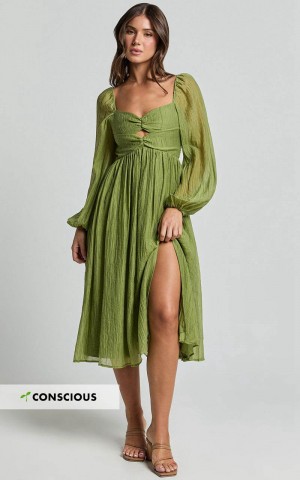 Showpo Zahara Midi Dress - Blouson Sleeve Cut Out Dress Green | KZQOYJ645