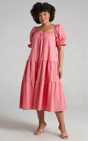 Showpo Zaharrah Midi Dress - Tiered Dress Coral Linen Look | SKEPBN529