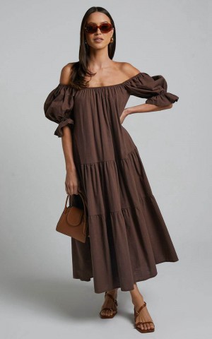 Showpo Zaharrah Midi Dress - Tiered Dress Chocolate Linen Look | HEAXWK176