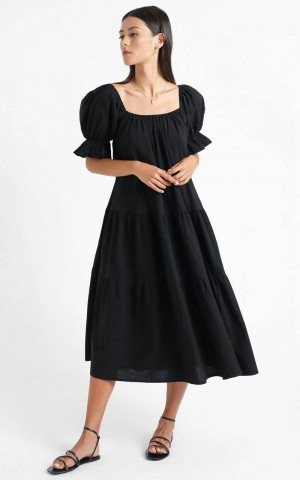 Showpo Zaharrah Tiered Midi Dress Black Linen Look | YXQUKR091