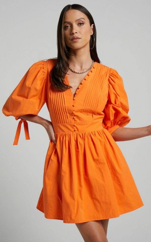 Showpo Zandra Mini Dress - Puff Sleeve Poplin Dress Orange | OFXPVS836