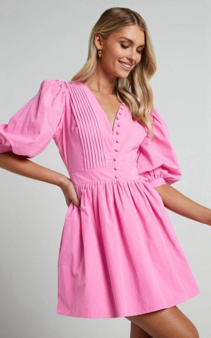 Showpo Zandra Mini Dress - Puff Sleeve Poplin Dress Ice Pink | LDUKQA746