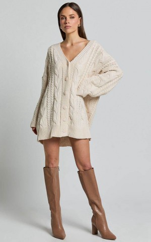 Showpo Zane Cardigan - Longline Cable Knit Oversized Cardigan Cream | XBYLNS879