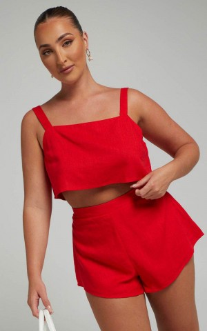 Showpo Zanrie Two Piece Set - Linen Look Square Neck Crop Top And High Waist Mini Flare Shorts Set Red | YTUXEW854