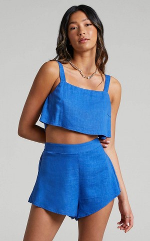 Showpo Zanrie Two Piece Set - Linen Look Square Neck Crop Top And High Waist Mini Flare Shorts Set Cobalt | XBEQDJ923