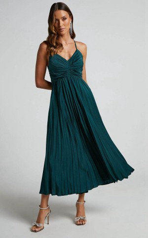 Showpo Zayla Midi Dress - Plisse Twist Front Dress Emerald | XMYUFH915