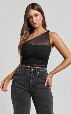 Showpo Zayla Top - One Shoulder Knot Mesh Corset Top Black | ADLIHG726