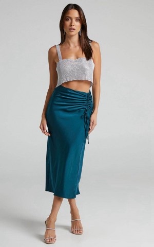 Showpo Zaylin Midi Skirt - Ruched Side Satin Slip Skirt Emerald | YOCXQU697