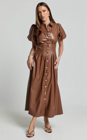 Showpo Ziva Midi Dress - Short Puff Sleeve Button Through Dress Chocolate | XRULBP387