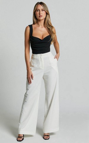 Showpo Zoella Pants - High Waisted Pleated Drill Pants Ivory | RAFSCN610