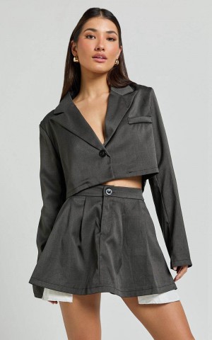 Showpo Zora Two Piece Set - Cropped Blazer And Pleated Mini Skirt Set Charcoal | LRUFZW907