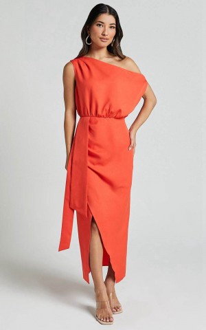 Showpo Zuri Midi Dress - One Shoulder Wrap Dress Orange | FYDKIE016