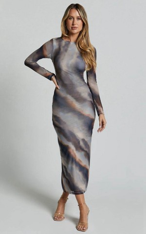 Showpo Zyra Midi Dress - High Neck Long Sleeve Mesh Dress Tie Dye Print | VPWMIT278