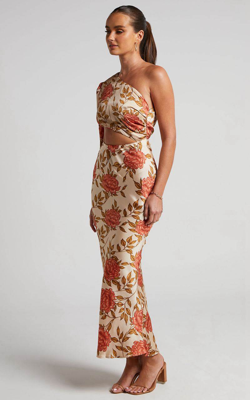 Showpo Abagail Midi Dress - One Shoulder Cut Out Dress Beige Floral | OFWCBL927