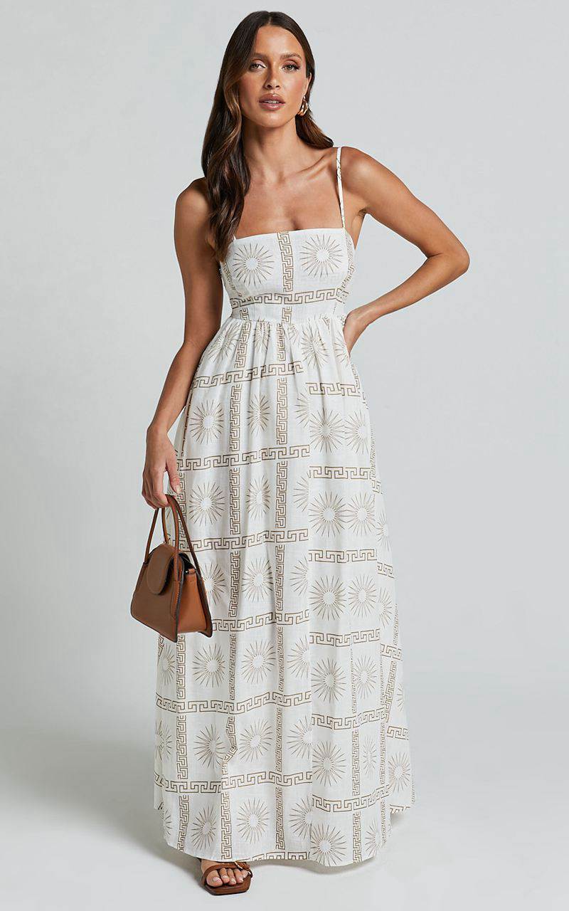 Showpo Abbey Maxi Dress - Strappy Straight Neck A Line Dress White & Brown Sun Print | CNOUKP632