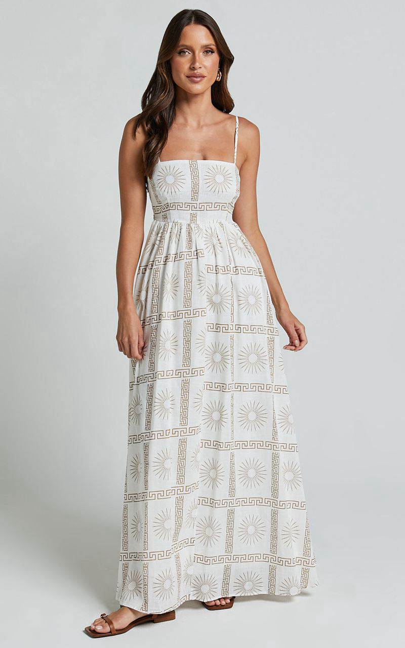 Showpo Abbey Maxi Dress - Strappy Straight Neck A Line Dress White & Brown Sun Print | CNOUKP632