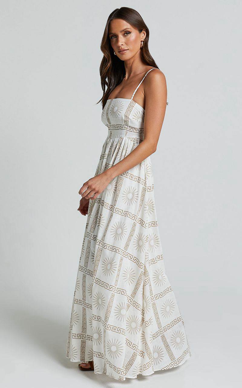 Showpo Abbey Maxi Dress - Strappy Straight Neck A Line Dress White & Brown Sun Print | CNOUKP632