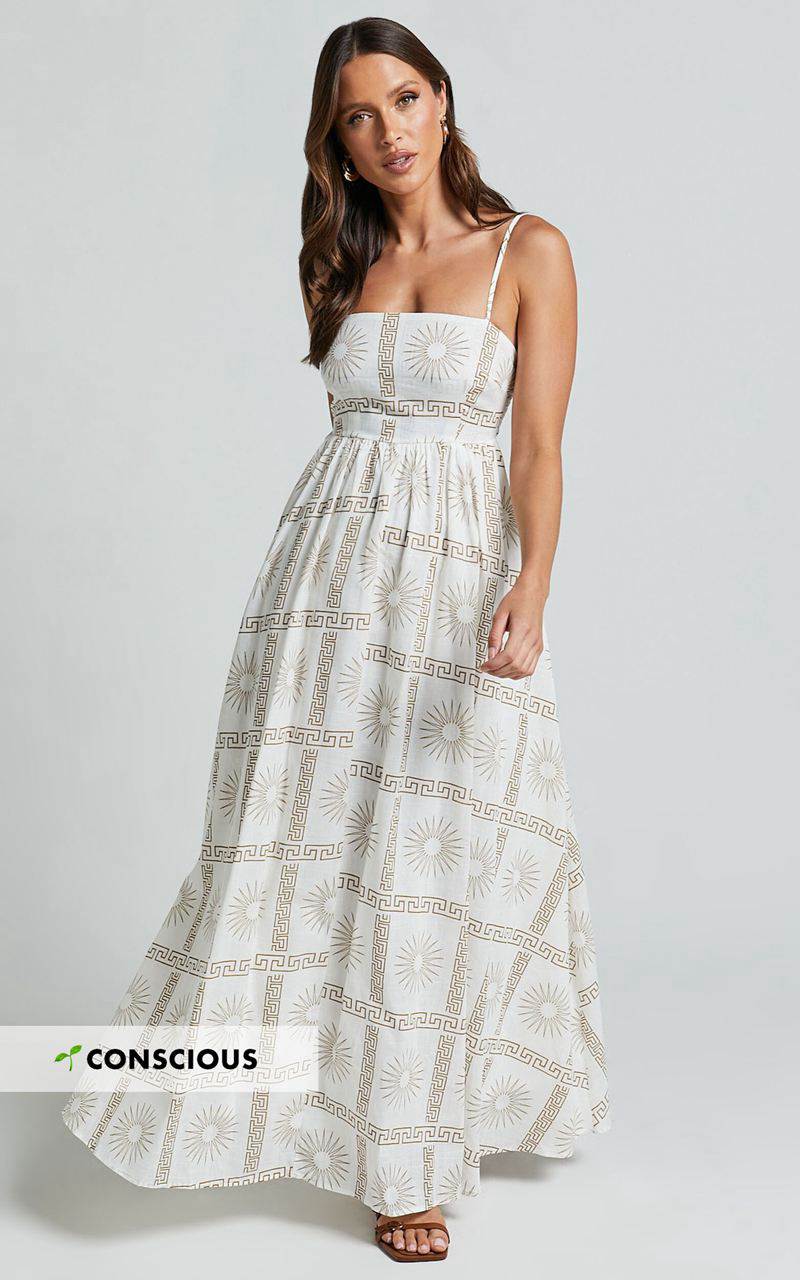 Showpo Abbey Maxi Dress - Strappy Straight Neck A Line Dress White & Brown Sun Print | CNOUKP632