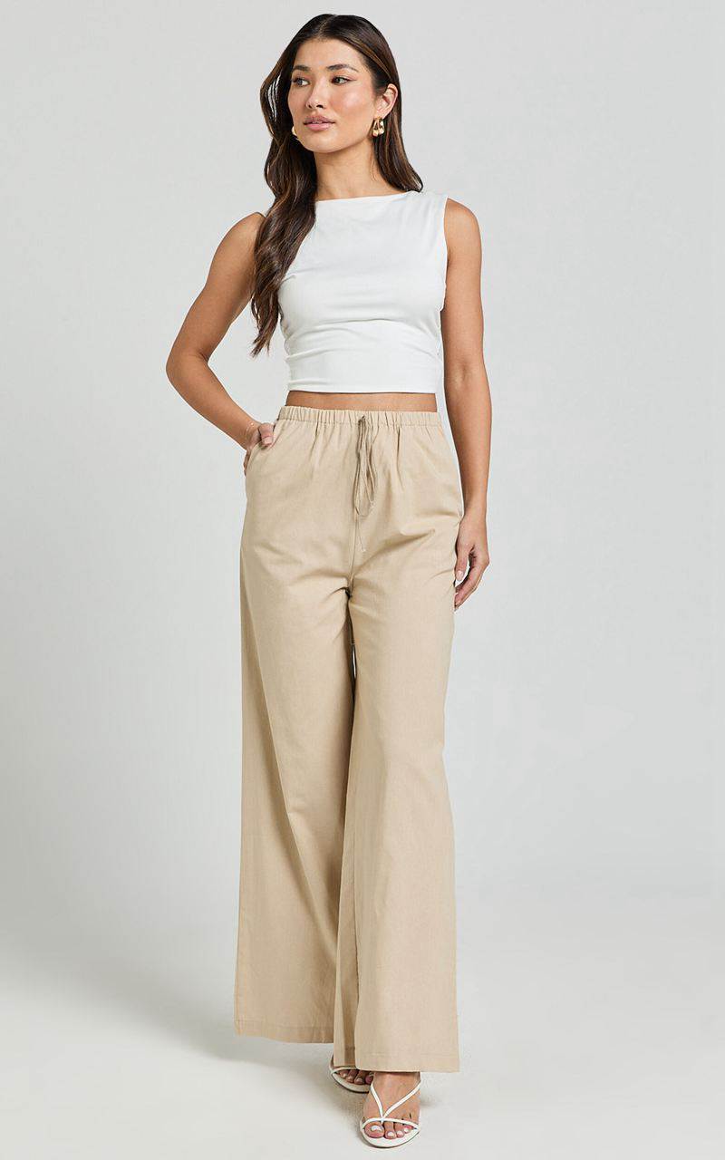 Showpo Abbey Pants - Wide Leg Drawstring Linen Look Pants Natural | FPDZKU695