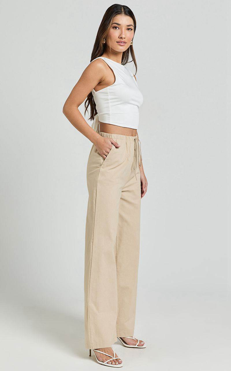 Showpo Abbey Pants - Wide Leg Drawstring Linen Look Pants Natural | FPDZKU695