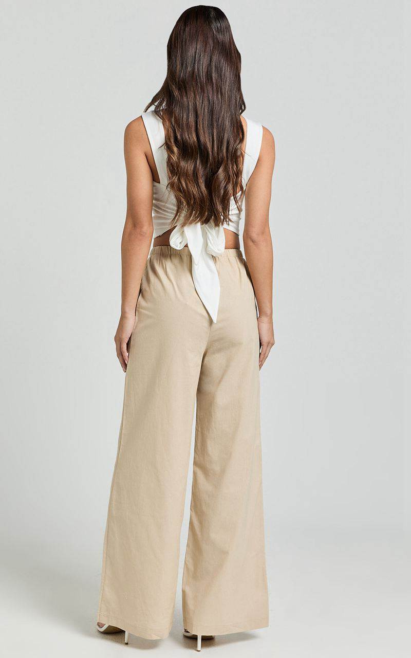 Showpo Abbey Pants - Wide Leg Drawstring Linen Look Pants Natural | FPDZKU695