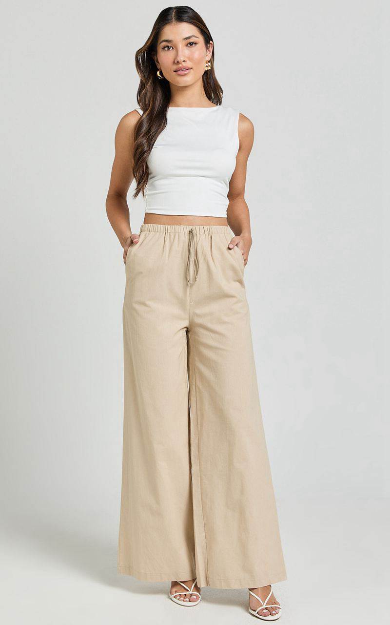 Showpo Abbey Pants - Wide Leg Drawstring Linen Look Pants Natural | FPDZKU695