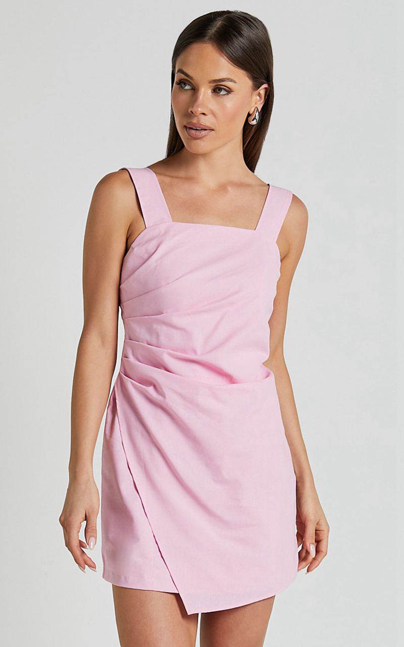 Showpo Abby Mini Dress - Straight Neck Wide Strap Wrap Dress Pink | NUTPIM906